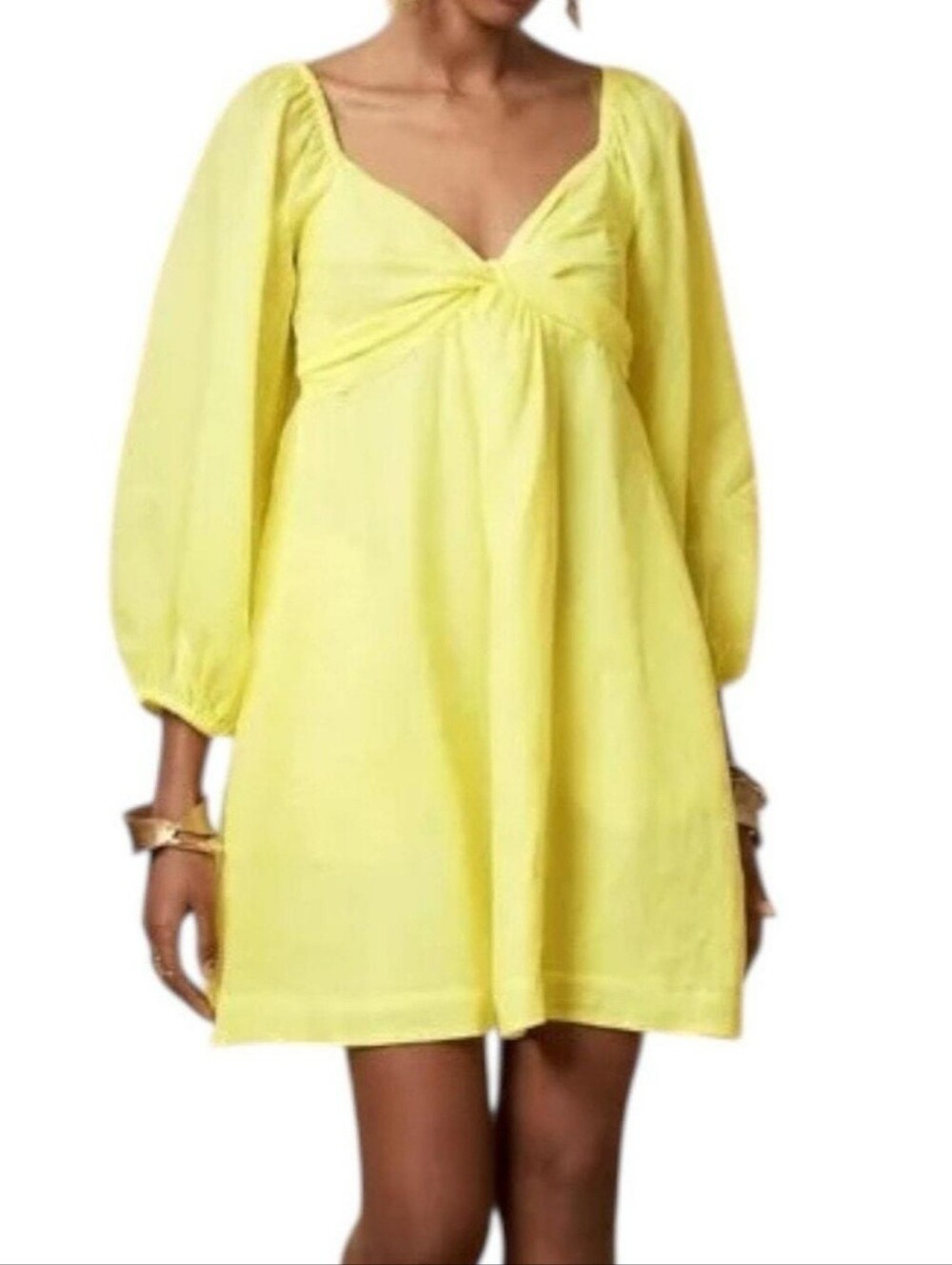 BANANA REPUBLIC Pastel Yellow Ramie Twist Front Balloon Sleeve Babydoll Dress‎ S